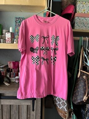 Comfort Colors Pink Tee with Black & White Checkerboard Bows